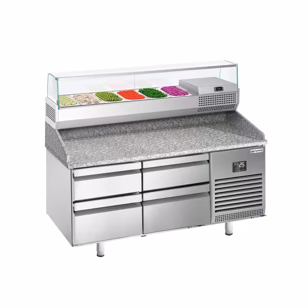 Pizzakühltisch Premium PLUS - 1490x700mm - mit 4 Schubladen - inkl. Kühlaufsatzvitrine - 6x GN 1/4