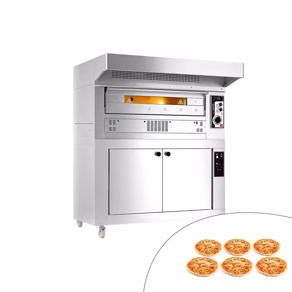 Gas pizzaoven (chamotte bakvloer) - 1450x1450x1400mm - 1 kamer - 1x6 pizza’s Ø33cm - tot 400°C - Handmatig - incl. rvs afzuigkap & rijskast