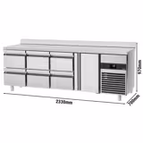 Koelwerkbank PREMIUM - 2330x700mm - 1 deur - 6 lades - met spatrand - GN 1/1