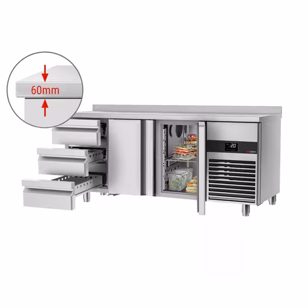 Soğutmalı tezgah PREMIUM - 1865x700mm - 2 kapılı; 3 çekmeceli - dijital termostat; EVCO display; soft-closing; içten motorlu; fanlı soğutma - çalışma yüzeyi arkadan yükseltili