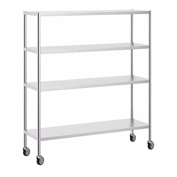 Półka ze stali nierdzewnej PREMIUM - 1600x500x1800mm - 4 półek przestawne - Nośność na półkę: 80kg - w zestawie: 4 kółka (2 z hamulcem)