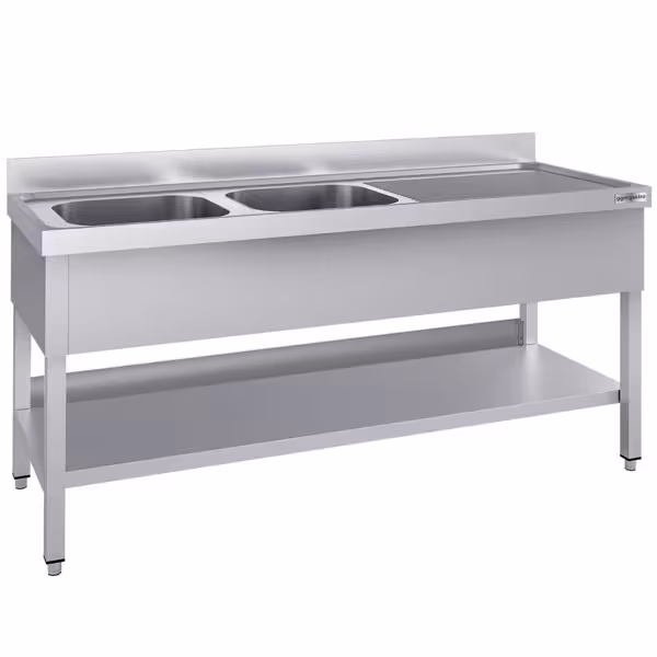 Stainless Steel Commercial Sink Unit ECO - 2000x600mm - with Double Bowl Left-hand - with Undershelf - with Upstand