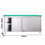 Armário de trabalho em aço inox- 1,8 m - com porta de correr - incl. placa de corte (Verde)