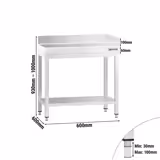 Edelstahl Arbeitstisch PREMIUM - 600x600mm - mit Grundboden & Aufkantung hinten + rechts