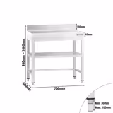Mesa de trabalho em aço inoxidável PREMIUM - 700x600mm - com prateleira inferior & com painel traseiro & com travessas de reforço