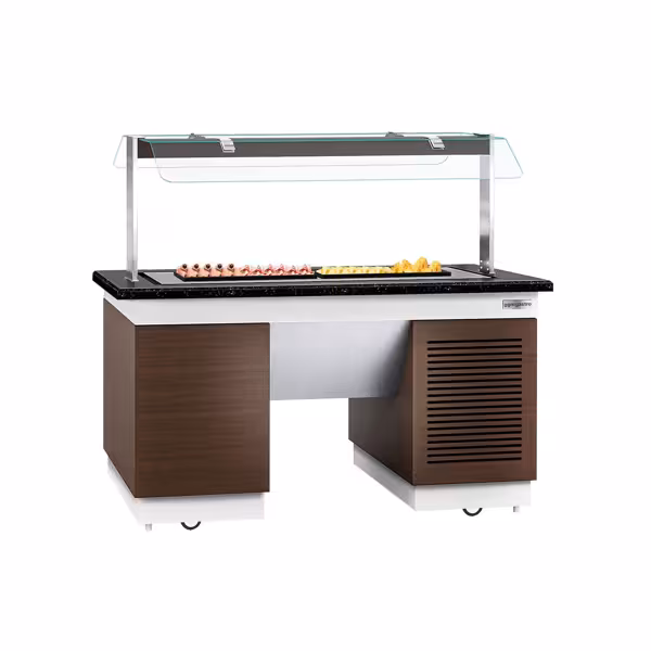 Refrigerated Buffet Counter with Cooling Plate – 1600 x 1000 mm – Black Granite – Glass Sneeze Guard, Shelf, Castors & Feet