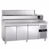 Commercial Pizza Prep Counter - Granite Top PREMIUM - 2025x800mm - with 3 doors - incl. refrigerated topping unit with glass sneeze guard LED - 10x GN 1/4