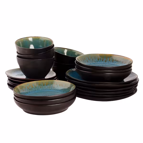 (24 pcs) LOTUS | Crockery Set - Stoneware - Mixed sizes - Turquoise/Black