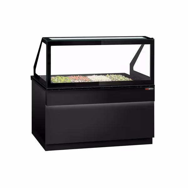 Saladette TORONTO - 1500mm - zwart front - 2 deuren - met rechte glazen opzetvitrine voor 4x GN 1/1 - granieten werkblad