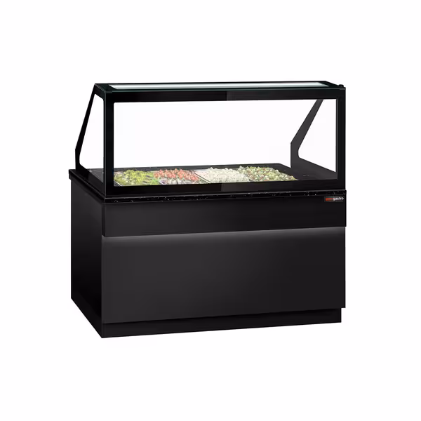 Kylbänk med kylränna TORONTO - 1 500 mm - svart front - 2 dörrar - med rak glasöverbyggnad för 4x GN 1/1 & 1 hylla - svart granitskiva