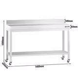 Edelstahl Arbeitstisch PREMIUM - 1400x600mm - mit Grundboden, Aufkantung & Rollen