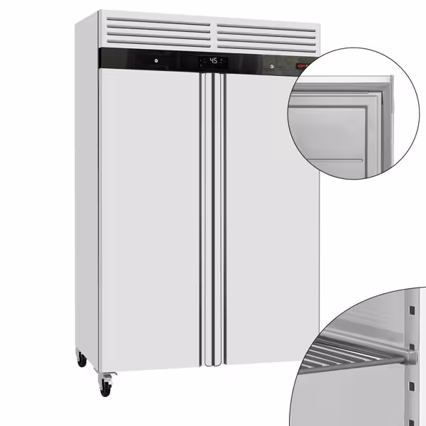 Commercial Upright Fridge ECO - 1200L - with 2 doors & Support grids & stainless steel rails - On castors