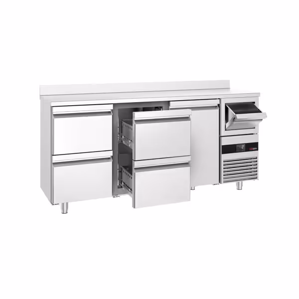 Barový chladicí stůl PREMIUM - COOLBAR - 2135x600 mm - 570 l - se 1 dveřmi, 4 zásuvkami, zadním lemem & vyklepávačem na kávu