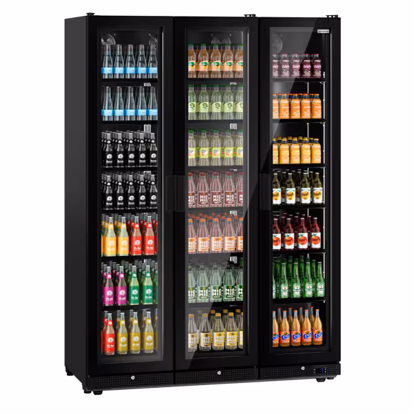 Vetrina frigo per bibite PREMIUM - 1500mm - 1552l - porta in vetro senza cornice - con 3 porte in vetro & illuminazione LED - Nero