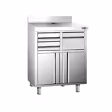 RVS werkkast - voor koffiezetapparaat - 820x600mm - met draaideuren, 2 laden & achteropstand
