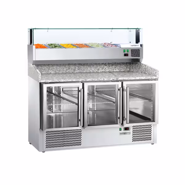 Mesa pizzera refrigerada ECO - 1400x700mm - encimera de granito - con 3 puertas de cristal - incl. vitrina refrigerada superior LED - 6x GN 1/4