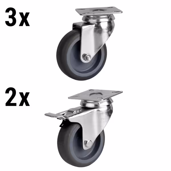 (5 unid) Rodas para balcão refrigerado e congelador - conjunto com placa de fixação, 2 com travão & 3 sem travão - Ø100x32mm - compatível com BGKF, BKTF, BLF, GTF, KSF, KTF, KUF, POF, TF, TKSF & ZTSF