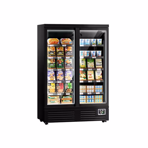 Commercial multideck display fridge - 1260mm - 991L - with 2 hinged glass doors & 5 shelves - Black