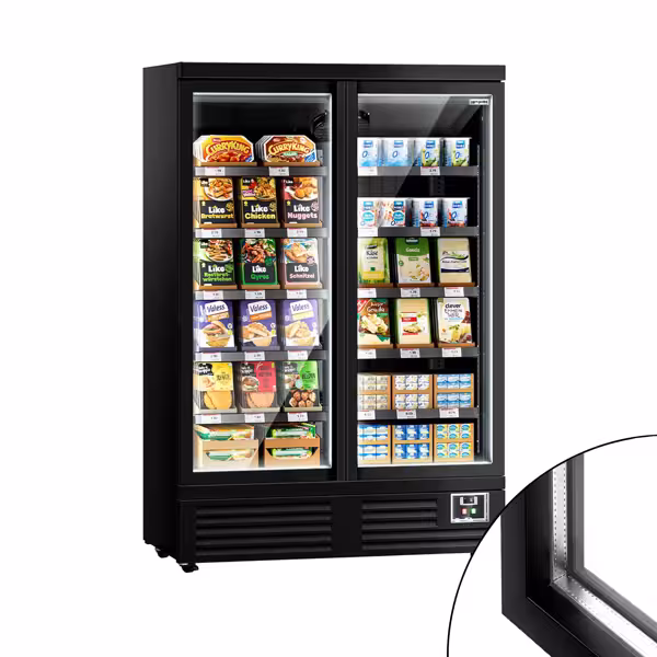 Commercial multideck display fridge - 1260mm - 991L - with 2 hinged glass doors & 5 shelves - Black