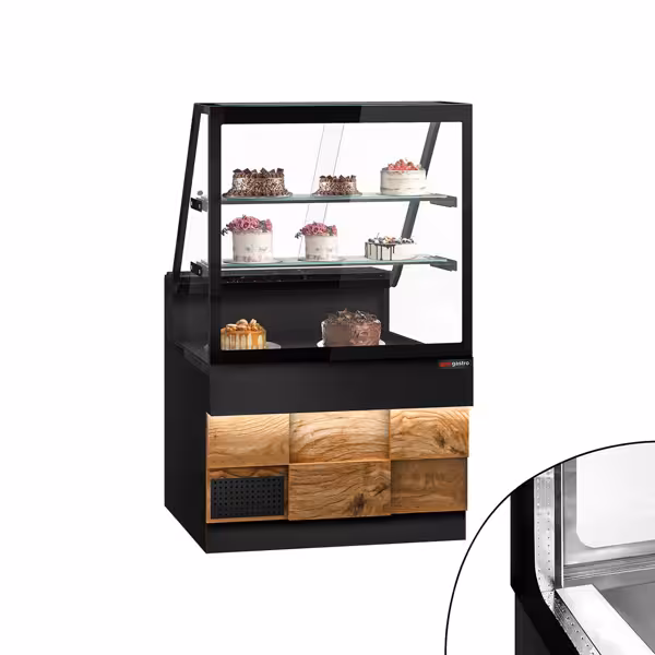 Banco gastronomia professionale TORONTO - 1000x880mm - Ventilata - Doppi vetri - Colore Nero opaco - Pannello frontale Legno naturale - con 2 ripiani - piano di lavoro in granito nero