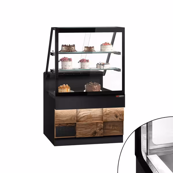 Banco gastronomia professionale TORONTO - 1000x880mm - Ventilata - Doppi vetri - Colore Nero opaco - Pannello frontale Legno naturale - con 2 ripiani - piano di lavoro in granito nero