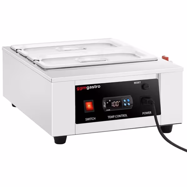 Fundidor de chocolate al baño maría PROFESIONAL - 2x GN 1/3 (9cm) - 1,5kW - incl. 2 tapas y 2 cubetas GN 1/3 - 0–100°C