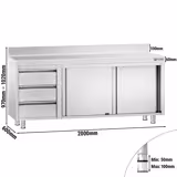 Tavolo armadiato in acciaio inox PREMIUM - 2000x600mm - con 3 cassetti a sinistra - con alzatina