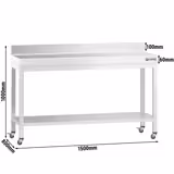 Table de travail en inox PREMIUM - 1500 x 800 mm - avec tablette inférieure, dosseret et roulettes