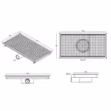 Rozsdamentes acél padlóösszefolyó - 750x400 mm - lapos kivitel és oldalsó kifolyás - Ø 70 mm