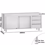 Tavolo armadiato in acciaio inox ECO - 2000x600mm - con 3 cassetti a destra