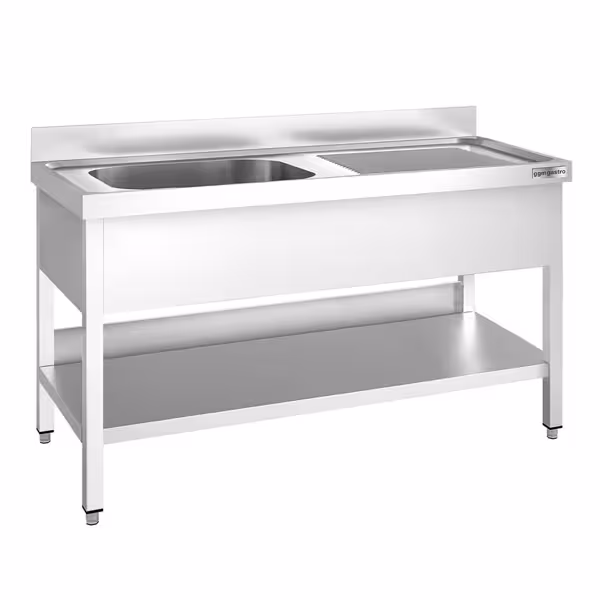 Stainless Steel Commercial Sink Unit PREMIUM - 1400x600mm - with Single Bowl Left-hand - with Undershelf - with Upstand