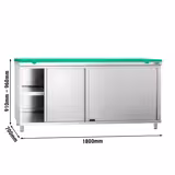 Szafka robocza ze stali nierdzewnej PREMIUM - 1800x700mm - z drzwiami suwanymi - z deską do krojenia, kolor: zielony