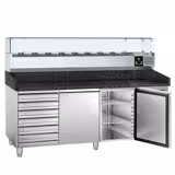 Table réfrigérée à pizza PREMIUM - 2000 x 800 mm - avec 2 portes et 7 tiroirs - incl. vitrine réfrigérée - 9 x GN 1/3
