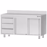 Table armoire en acier inoxydable ECO - 1400x600mm - avec 3 tiroirs à gauche et portes coulissantes et étagère basse - avec dosseret