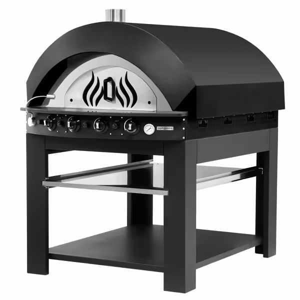 Gas pizzaoven - 1 kamer - 1x9 pizza’s Ø25cm - tot 400°C - Handmatig - zwart - incl. onderstel met onderbodem & plank