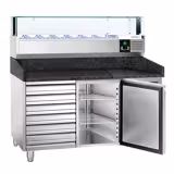 Commercial Pizza Prep Counter - Granite Top PREMIUM - 1500x800mm - with 1 doors & 7 drawers - incl. refrigerated topping unit with glass sneeze guard LED - 7x GN 1/4
