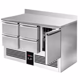 Saladette / Pizzakühltisch PREMIUM - 1,37 x 0,7 m - mit 1 Tür, 4 Schubladen & Aufkantung