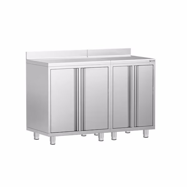 Commercial Stainless Steel Coffee Station & Worktop Floor Cupboard  - for Coffee Machine - 1400x600mm - with 4 Double Doors - with Rear Upstand