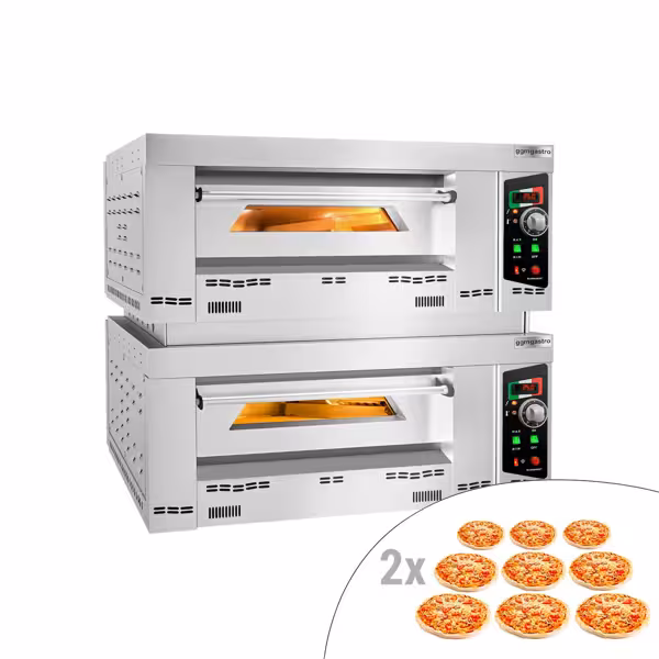 Gas pizzaoven (chamotte bakvloer) - 1480x1260x940mm - 2 kamers - 2x9 pizza’s Ø34cm - tot 450°C - Handmatig