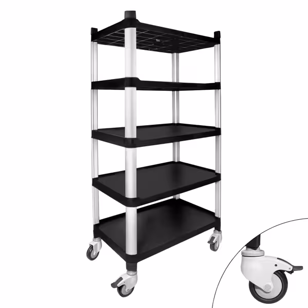 Aluminium/kunststof stelling - 800x500mm - Diepte: 500mm - met 5 schappen - incl. wielenset 4 st. - Draagvermogen per schap: 50kg