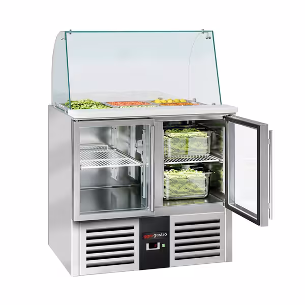Saladette PREMIUM - 900mm - 288 liter - 2 glazen deuren - met hoge glasopstand voor 2x GN 1/1 & 3x GN 1/6