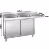 Mesa de prelavado con fregadero PREMIUM - 1800x600mm - izquierda - 2 senos - con peto posterior - con estante inferior - con escurridor