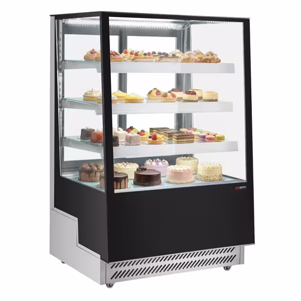 Commercial cake display fridge - 508L - 900mm - Double glazing - square - with 4 shelves - rear sliding doors - Black