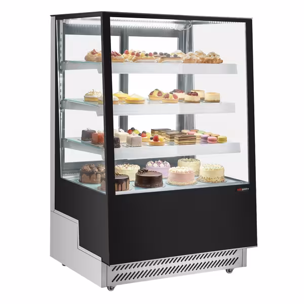Commercial cake display fridge - 508L - 900mm - Double glazing - square - with 4 shelves - rear sliding doors - Black