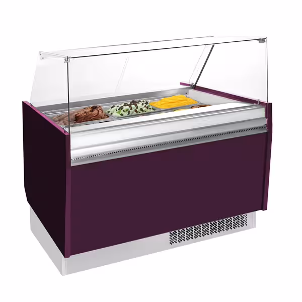 Schepijsvitrine LIAM - 1310x920x1350mm - Statische koeling - met LED-verlichting - met (gekoeld) reservevak - scharnierend glasdeksel - voor 10+10x 5 liter ijsbak - Violett