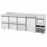 Barový chladicí stůl PREMIUM - 2690x600 mm - 775 l - se 1 dveřmi, 6 zásuvkami, zadním lemem & vyklepávačem na kávu