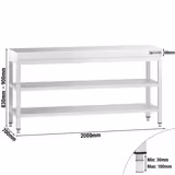 Mesa central em aço inox AISI 304 PROFISSIONAL PREMIUM - 2000x700mm - com prateleira inferior & prateleira intermédia & travessas de reforço