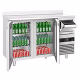 Table réfrigérée de bar & boissons PREMIUM - 1580 x 600 mm - avec 2 portes vitrées - avec dosseret - avec tiroir à marc de café