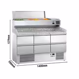 Tavoli refrigerati per pizza ECO - 1400x700 mm - con 6 cassetti 1/2 - incl. vetrina refrigerata da banco con 6x GN 1/4