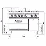 Mașină de gătit / Aragaz profesional pe gaz - seria 900 - 1200x900x(H)1060 mm - 51,8 kW - 6 arzătoare - incl. cuptor gaz static - 7,8 kW (GN 1/1)